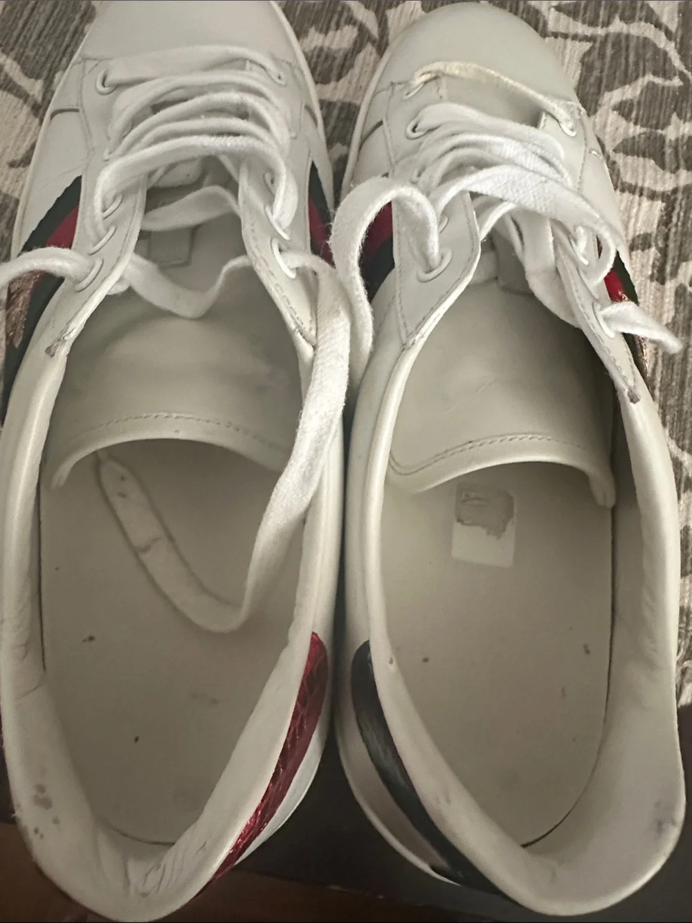 Gucci White Leather Sneakers with Green & Red Web and Gold Bee